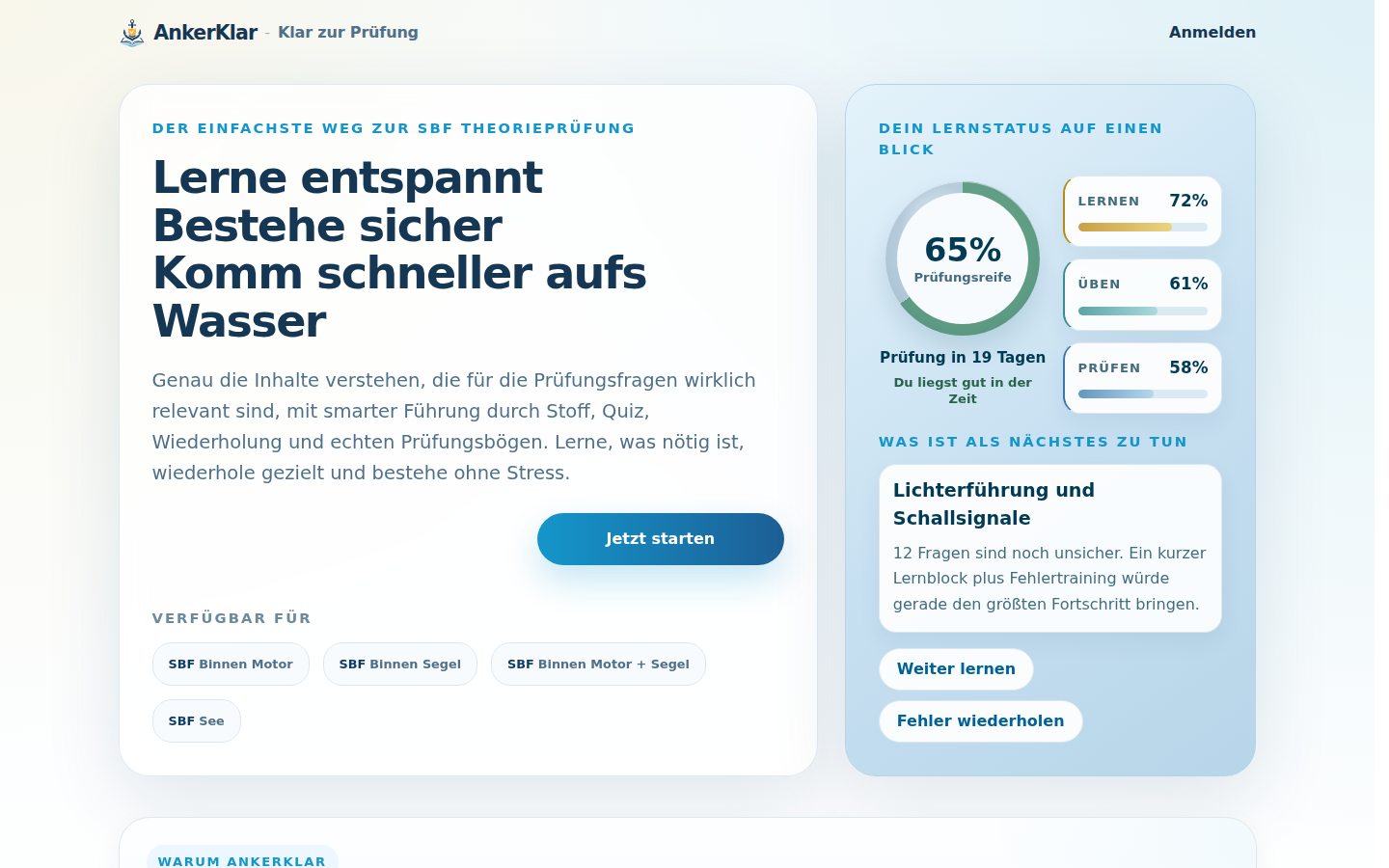AnkerKlar-Lernstatus und Prüfungsvorbereitung für Sportbootführerscheine
