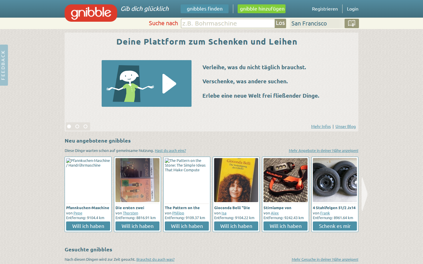 Originalansicht der gnibble-Plattform aus dem Jahr 2014 mit Suche und lokalen Leihangeboten
