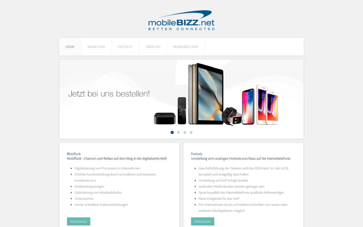 Startseite von mobileBIZZ mit Produktangeboten für Geschäftskunden