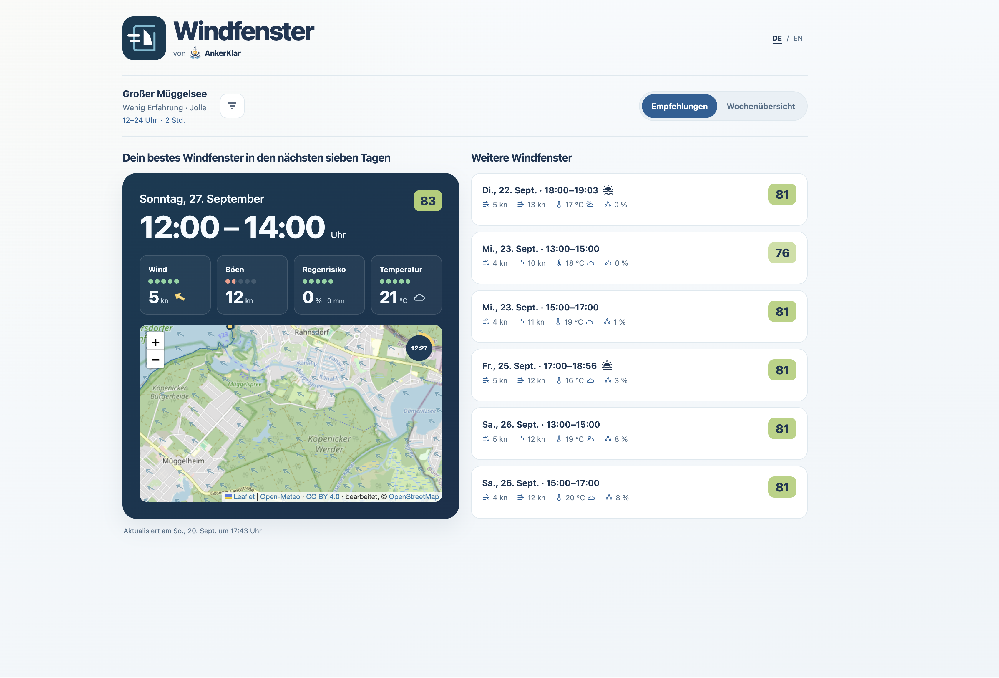 Windfenster mit aktuellem Wettercheck und originalem Produktlogo